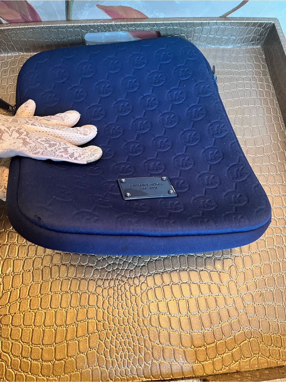 Michael Kors Navy Embossed MK Tablet/Laptop Pouch with Logo Plaque - Picture 10 of 11
